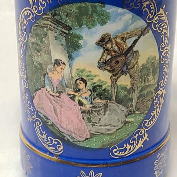 Enesco Cobalt Blue Painted Art Vase Jar Victorian Mandolin Serenade Gold Trim - Picture 2 of 13